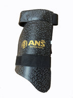 ANS Black Dual Cricket Thigh Guard showing high-density foam protection, dual-leg coverage, and adjustable Velcro straps