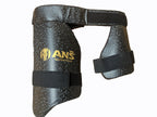 ANS Black Dual Cricket Thigh Guard for left-hand batsman showing high-density foam and adjustable Velcro straps