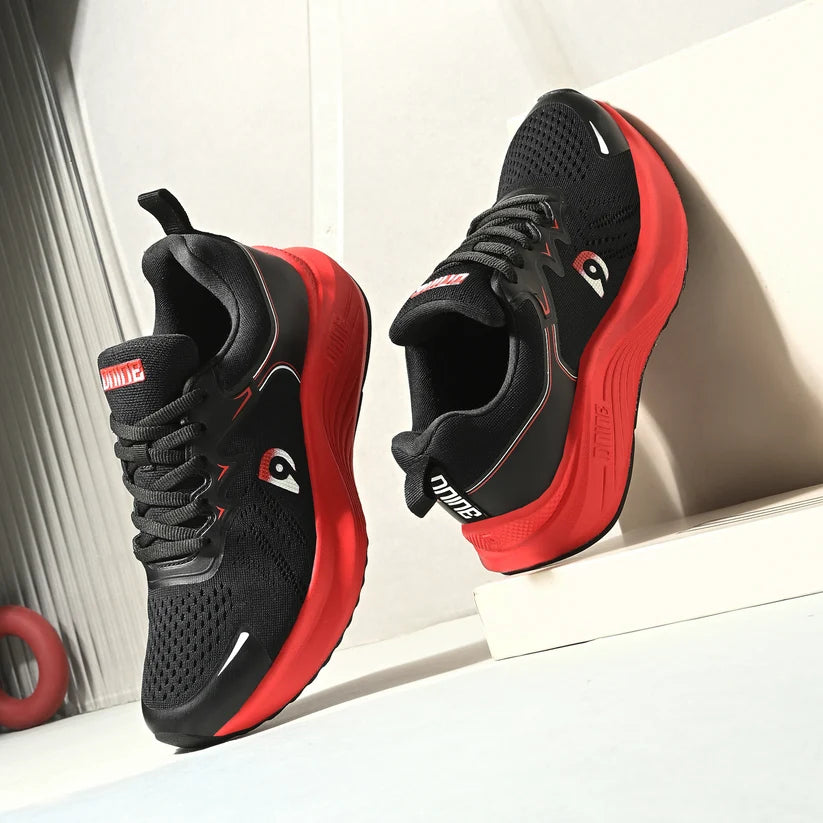D-Nine Agility R02 women's running shoes in black and red featuring a flexible knit mesh upper and high-rebound EVA midsole