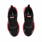 Top-down view of D-Nine Agility R02 women's running shoes in black and red featuring a breathable knit mesh upper and supportive cushioning