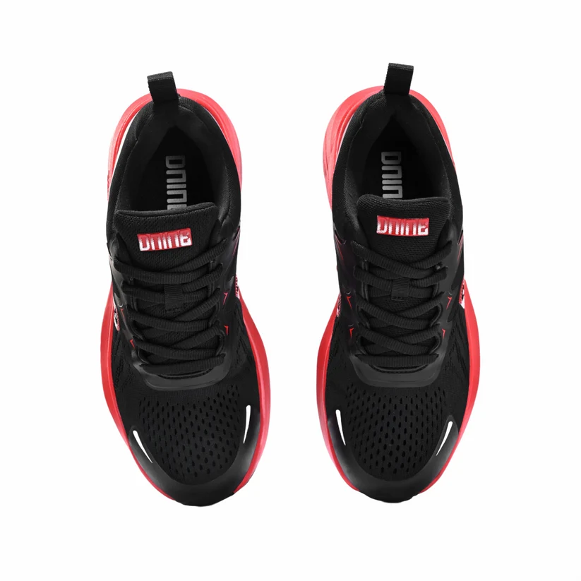 Top-down view of D-Nine Agility R02 women's running shoes in black and red featuring a breathable knit mesh upper and supportive cushioning