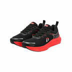 Side profile of D-Nine Agility R02 women's running shoes in black and red showing the cushioned high-rebound EVA midsole and breathable knit upper