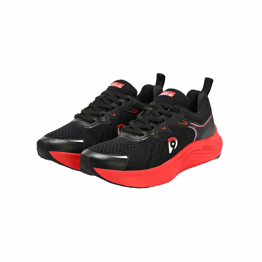 Side profile of D-Nine Agility R02 women's running shoes in black and red showing the cushioned high-rebound EVA midsole and breathable knit upper