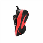Bottom-up view of D-Nine Agility R02 women's running shoes in black and red highlighting the flexible forefoot grooves and high-rebound EVA outsole traction