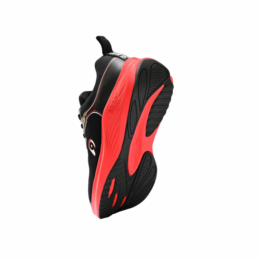 Bottom-up view of D-Nine Agility R02 women's running shoes in black and red highlighting the flexible forefoot grooves and high-rebound EVA outsole traction