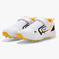 White and yellow Dnine Kings-2 cricket bowling spikes with cleats and ankle strap on a white background
