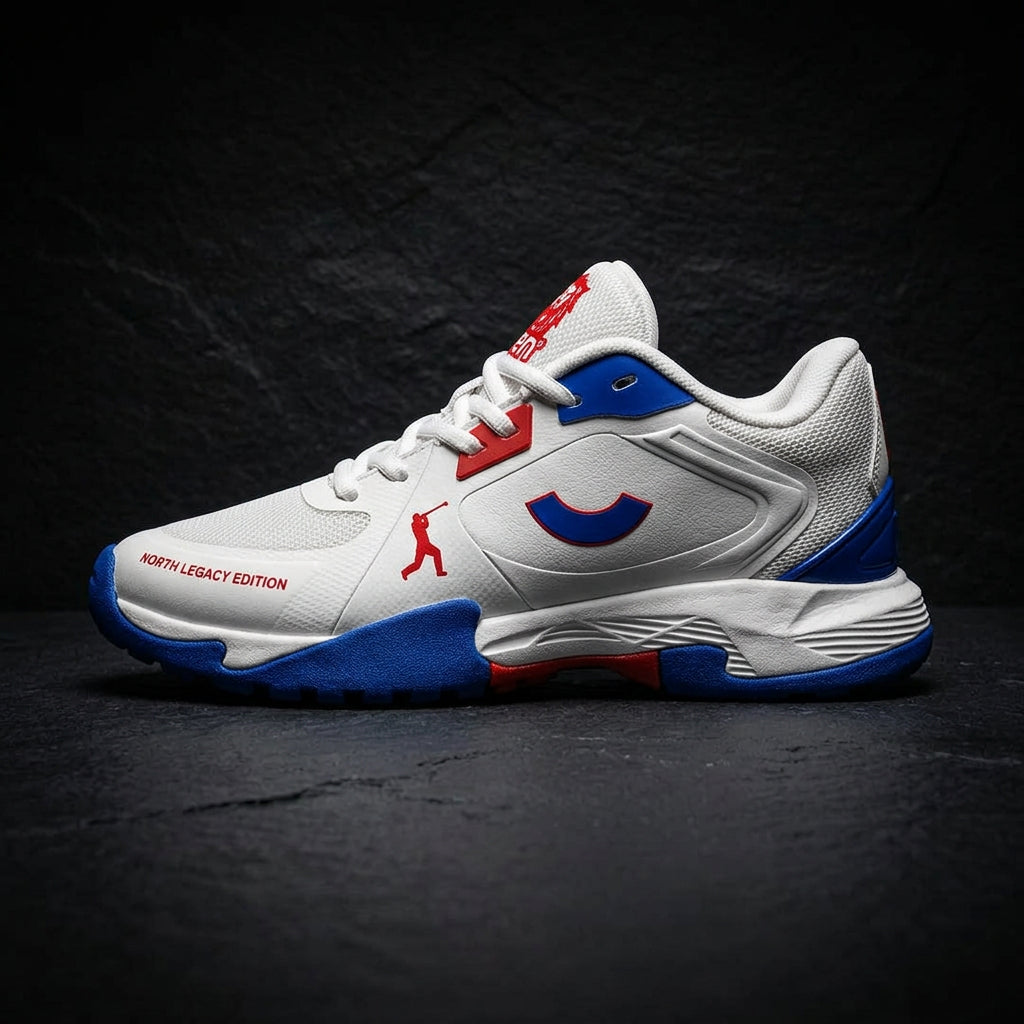 Side profile of the Tenxu All-Rounder cricket rubber shoes in white, blue, and red, featuring a supportive high ankle collar, patterned rubber outsole, and North Legacy Edition branding.