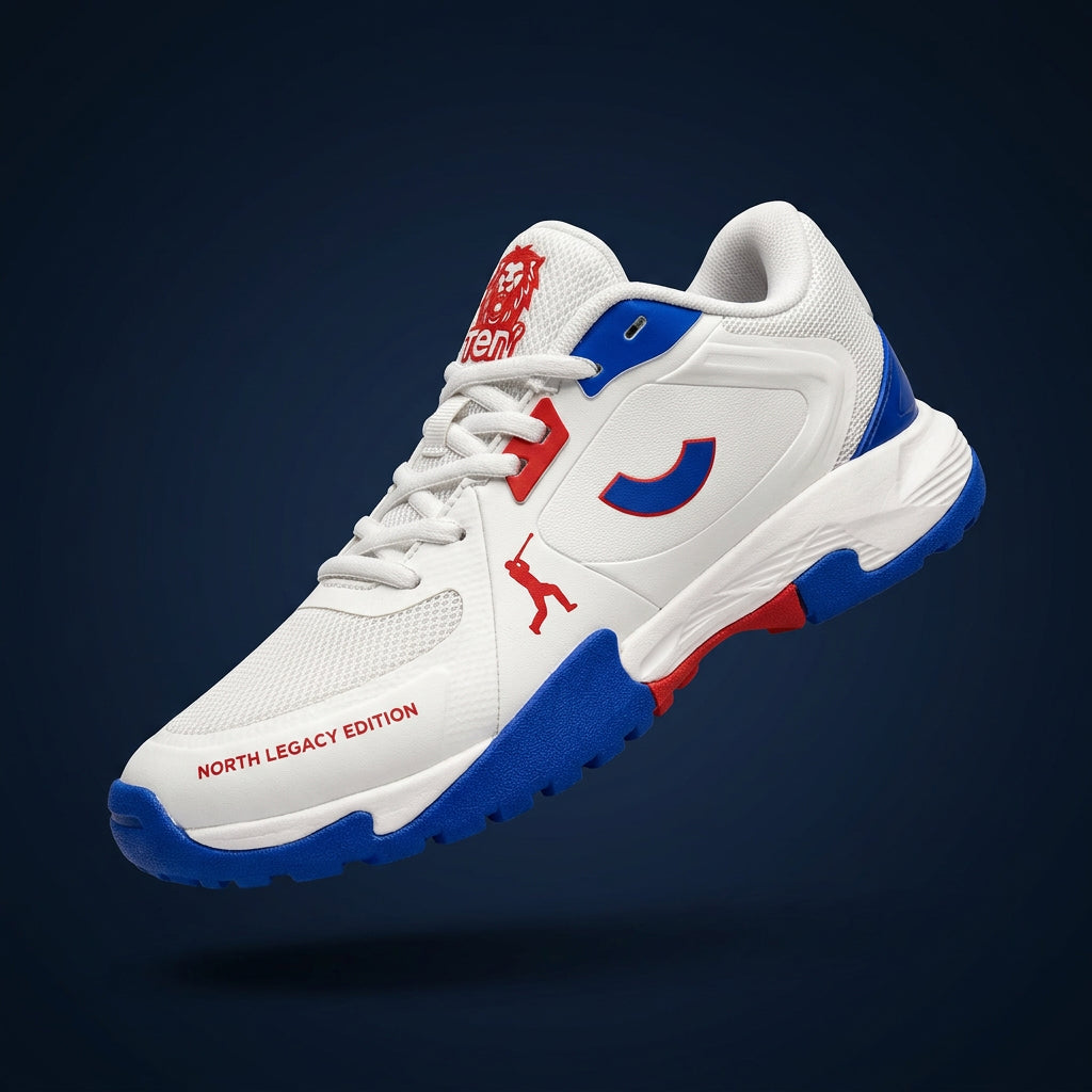 Tenxu All Rounder Cricket Rubber Shoes North Legacy Edition in White, Blue, and Red featuring rubber studs, high ankle support, and TPU upper.