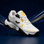 Side profile of the Tenxu All-Rounder cricket rubber shoes in white, yellow, and black, featuring a supportive high ankle collar, patterned rubber outsole, and North Legacy Edition branding.