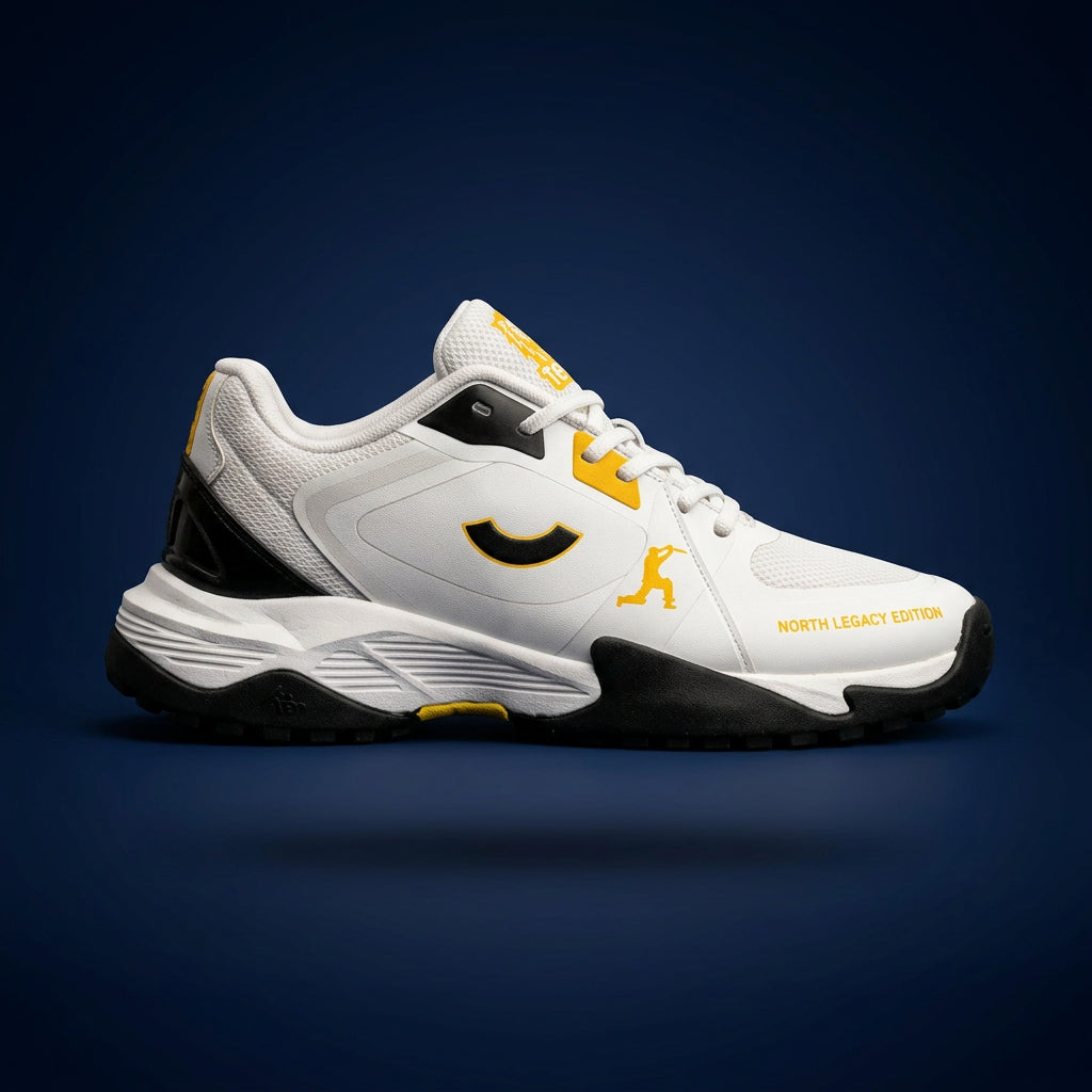 Side profile of the Tenxu All-Rounder cricket rubber shoes in white, yellow, and black, featuring a durable TPU upper, patterned rubber outsole, and North Legacy Edition branding.
