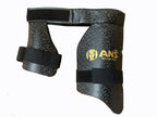ANS Black Dual Cricket Thigh Guard showing high-density foam protection, dual-leg coverage, and adjustable Velcro straps
