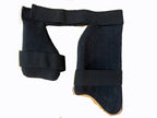 Back view of the ANS Black Dual Cricket Thigh Guard for left-hand batsmen showing towel lining and adjustable elastic straps