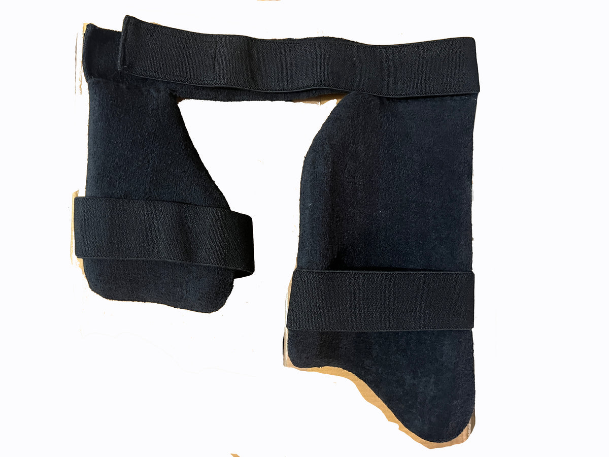 Back view of the ANS Black Dual Cricket Thigh Guard for left-hand batsmen showing towel lining and adjustable elastic straps