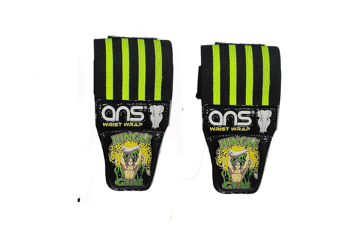 ANS Black and Neon Green Elastic Wrist Wraps – Jungle Gym weightlifting wrist support band featuring bold green stripes, secure thumb loop, and adjustable strap