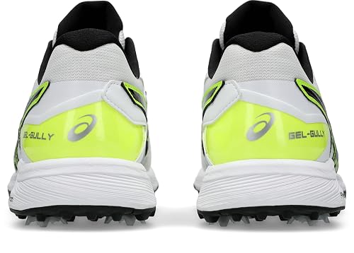 ASICS GEL-GULLY 7 Men's Cricket Shoes in White and Safety Yellow, rear heel view showing cushioning and spike sole